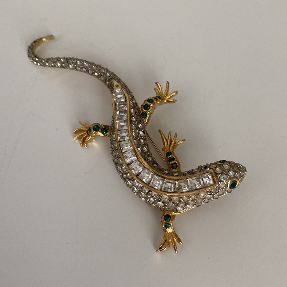 Vintage Rhinestone Lizard Brooch Clear, Emerald Green Rhinestone Pin Gold Tone